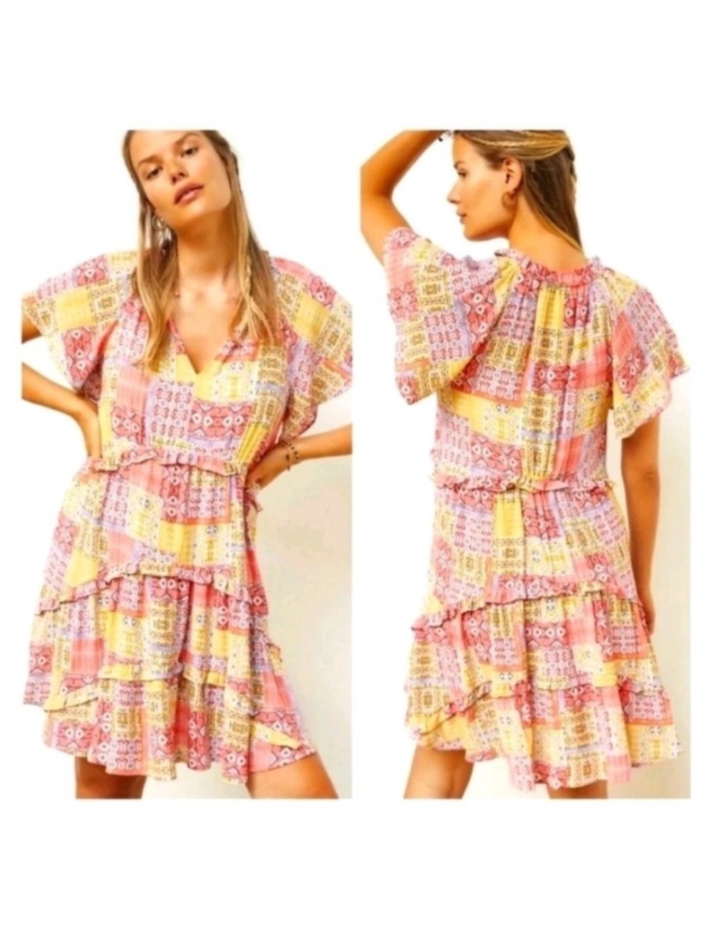Anthropologie Robin Tiered Patchwork Plus 1x sundress short sleeves Boho Short - Picture 2 of 7